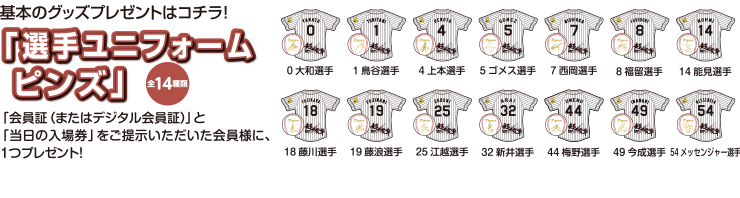 基本のグッズプレゼントはコチラ!「選手ユニフォームピンズ」全14種類